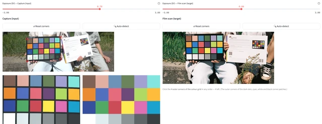 Calibration workspace with chart-corner selection, the reference photograph and extracted colour patches