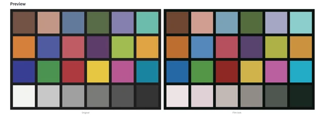 Original and film-rendered colour charts at the final development stage